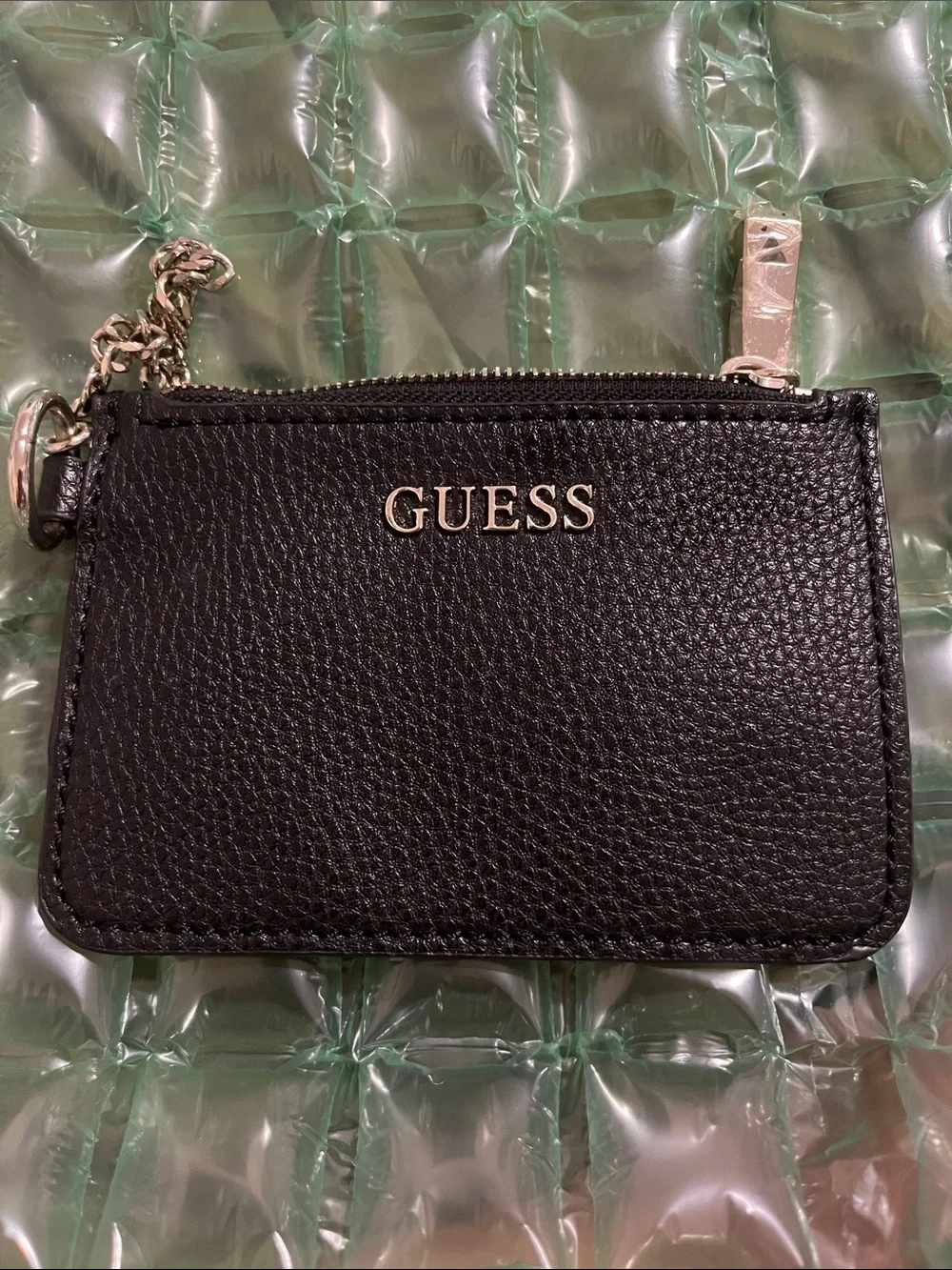 Guess Black Pebbled Leather Key & Card Pouch with Silver Hardware